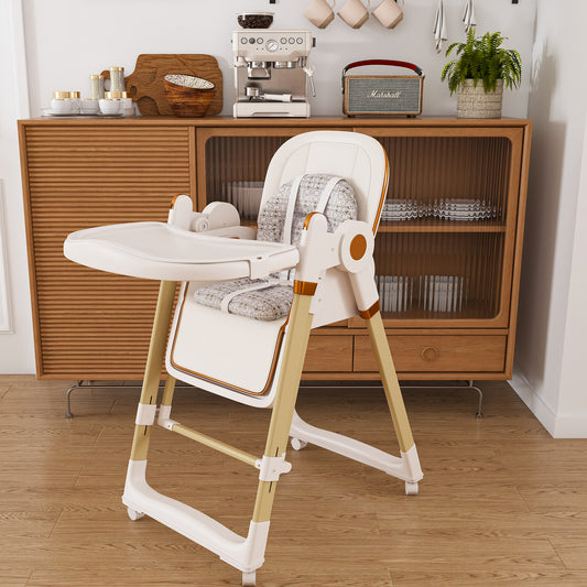 Convertible Baby High Chair To Rocker With 5-Point Harness, Foldable Infant Feeding Chair With Silent Locking Wheels & Removable 2-Tier Easy-Clean Tray For 6M-3Yrs White