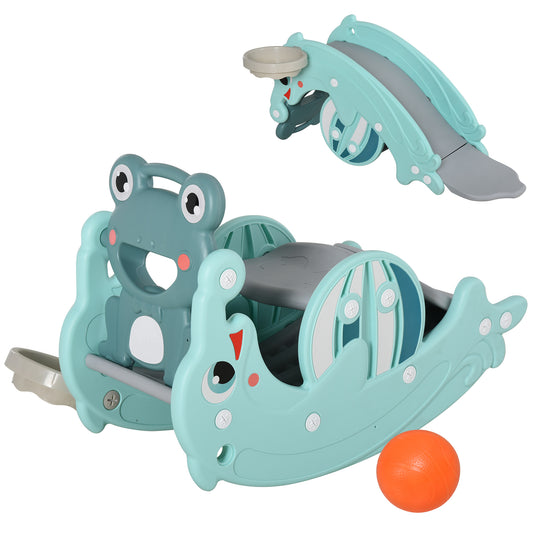 3-in-1 Baby Rocking Horse Portable Slide Basketball Hoop Equipment Indoor Outdoor Playground Toy, Age 18-36 Months, Green